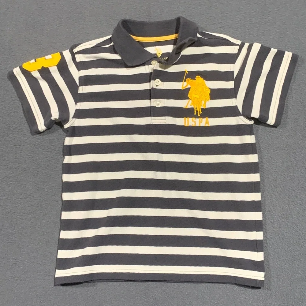 Kids US Polo Assn BIG HORSE Striped Short Sleeve Polo Shirt Sport Patch‎ Size 7
